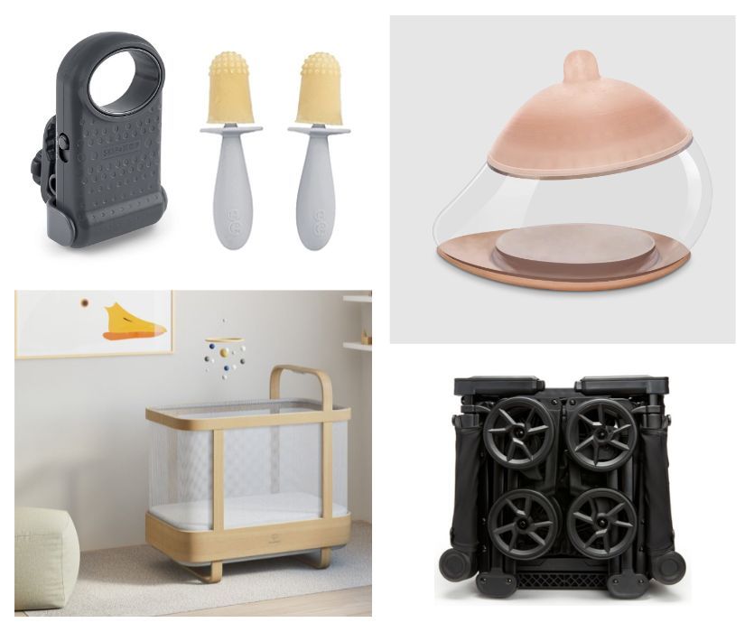 A grid featuring a phone mount, baby teethers, a breast pump, a modern crib, and a folded stroller.