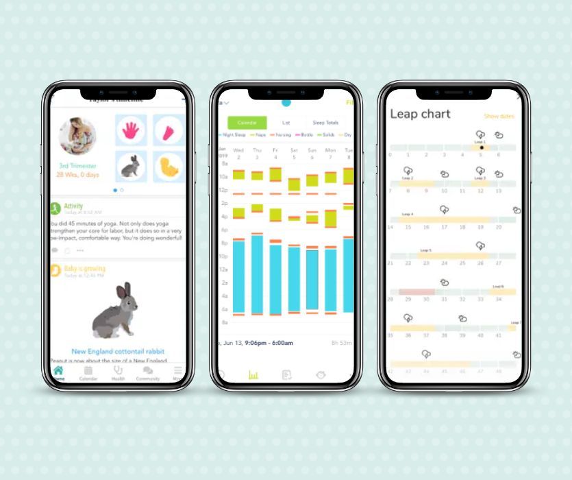 Three smartphones displaying pregnancy and baby tracking app interfaces including developmental milestones and sleep charts.