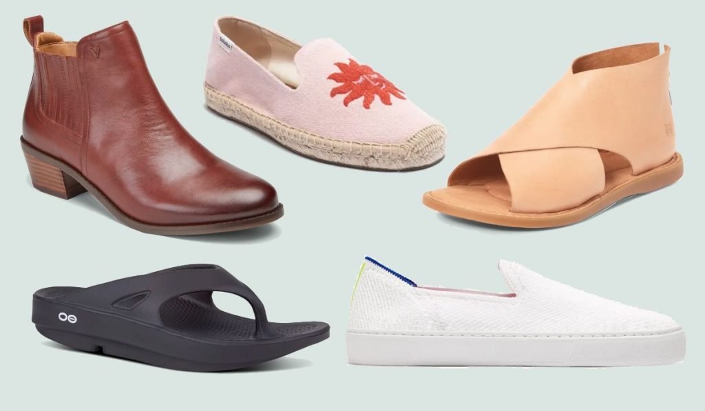Selection of comfortable shoes including leather boots, pink espadrilles, tan sandals, flip-flops, and white sneakers.