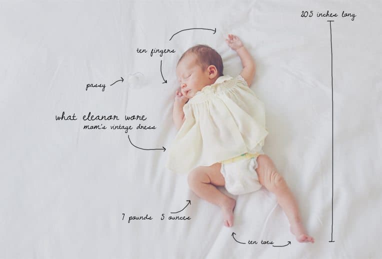 Sleeping newborn baby Eleanor in vintage dress, with handwritten annotations of her measurements and features.