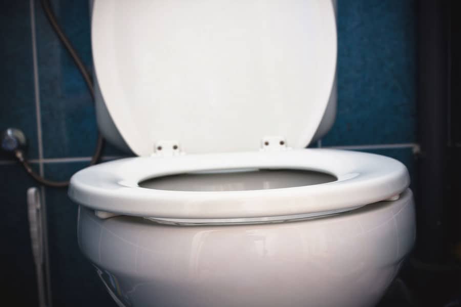 White toilet with the seat down and lid open against a blue tiled wall.