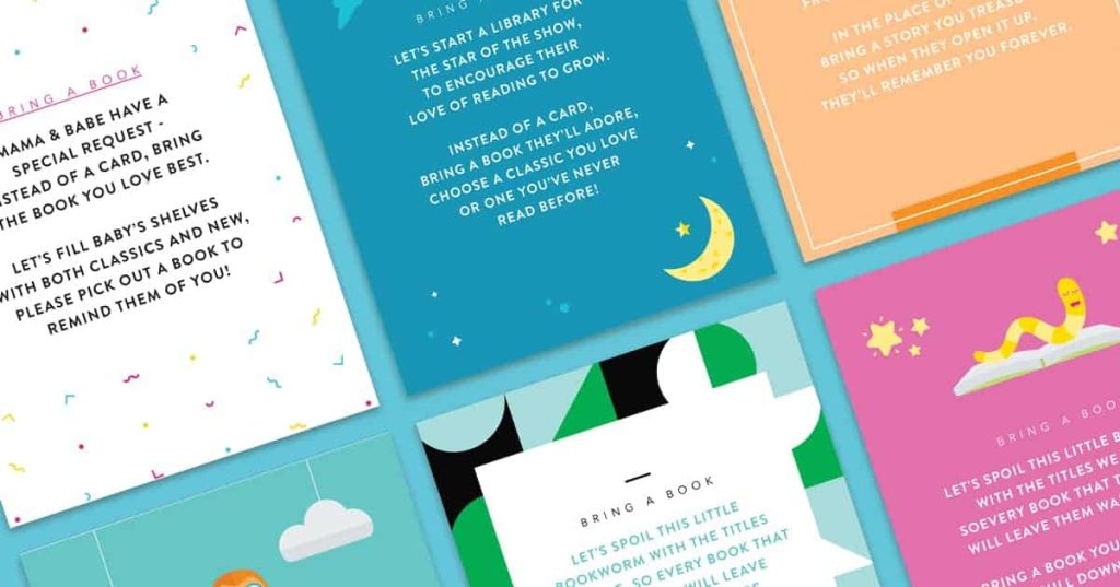 A variety of colorful baby shower "bring a book" request cards featuring whimsical illustrations and text.
