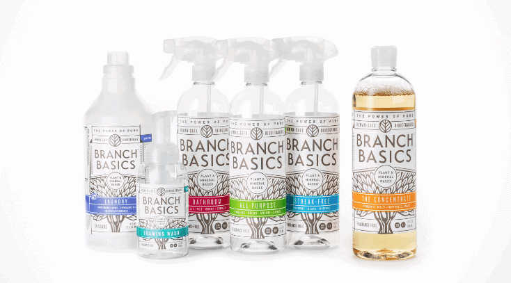 Branch Basics concentrate and spray bottles for laundry, bathroom, all-purpose, streak-free, and foaming wash.