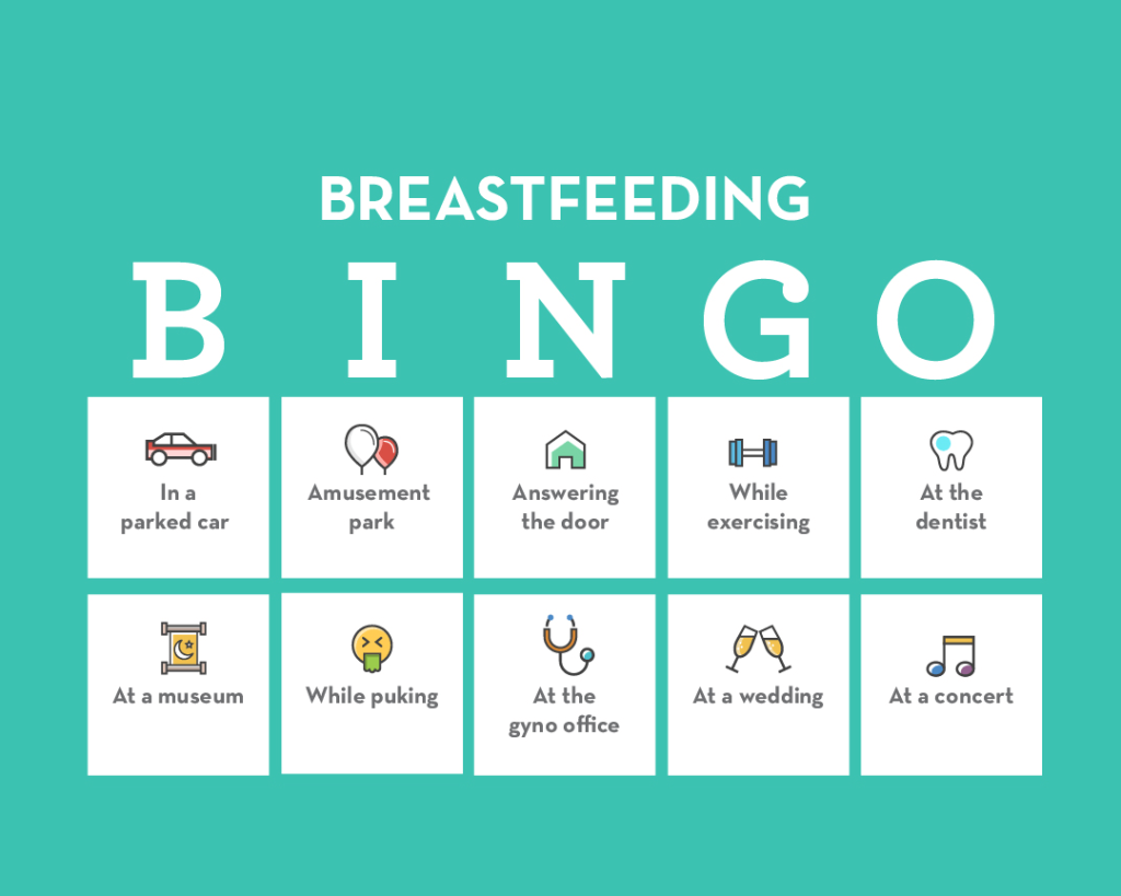 Breastfeeding Bingo card featuring 10 challenge squares like "In a parked car" and "At the dentist" on a teal background.