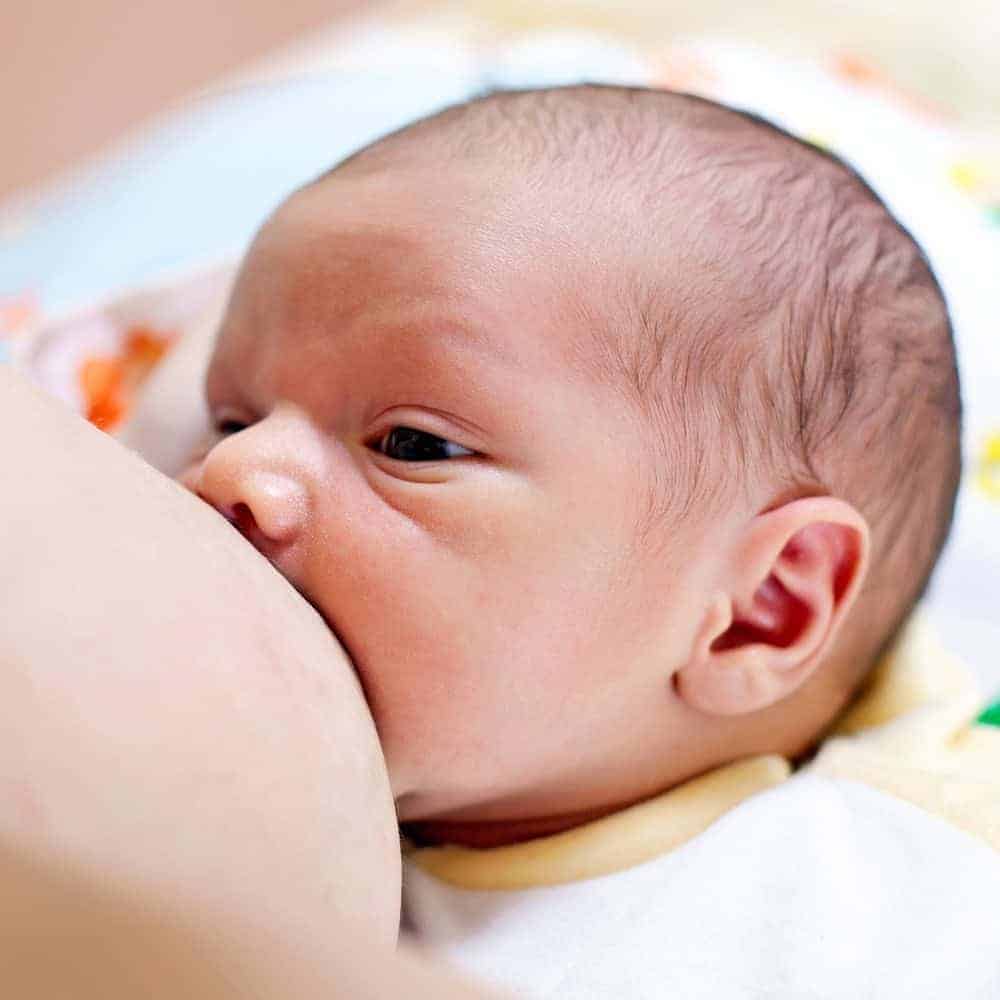 Close-up of a newborn infant latched and breastfeeding.