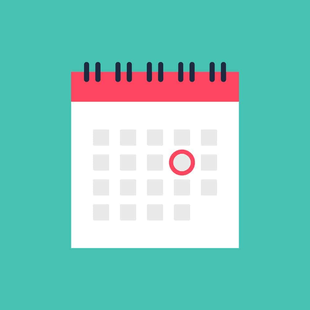 Flat illustration of a spiral calendar with one date circled in red on a teal background.
