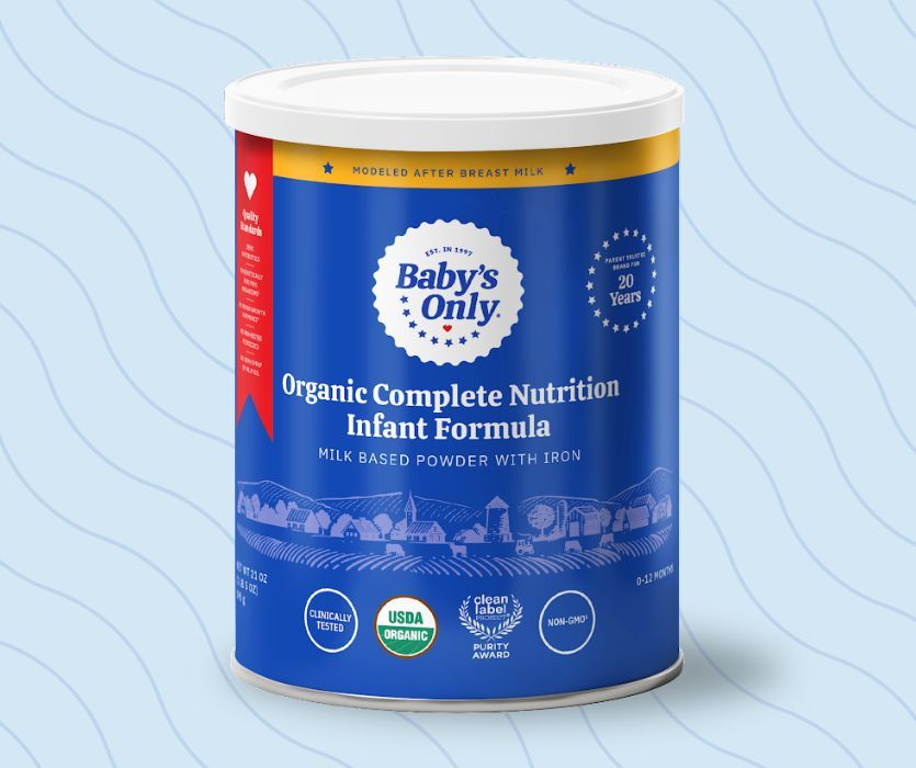 Baby’s Only Organic Complete Nutrition Infant Formula, a milk-based powder with iron in a blue and white 21-ounce can.