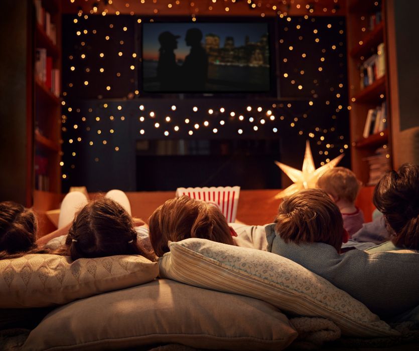 A family watches a movie on a screen surrounded by fairy lights, viewed from behind as they lie on pillows.