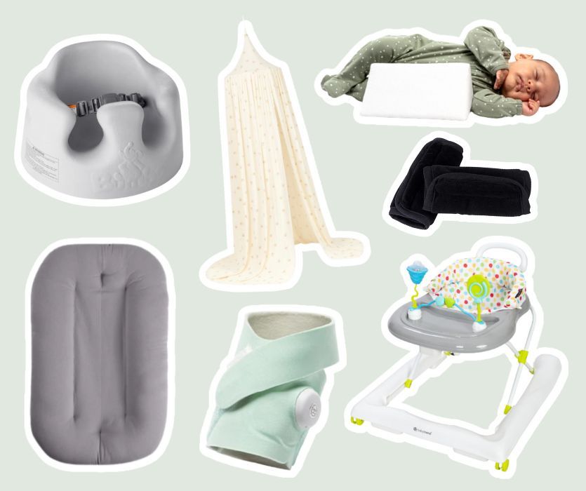 Collage of various baby products including a foam floor seat, walker, sleep positioner, lounger, and crib canopy.