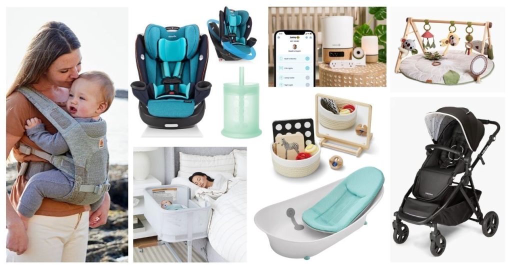 Collage of new baby gear including a carrier, car seat, stroller, bassinet, bathtub, play gym, and nursery monitors.