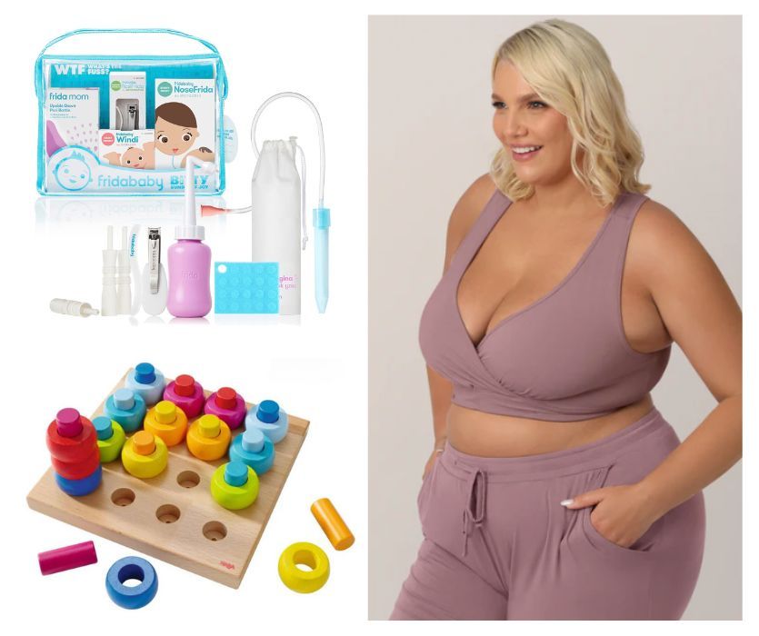 Fridababy care kit, a wooden peg stacking toy, and a woman wearing a mauve maternity bra and jogger set.