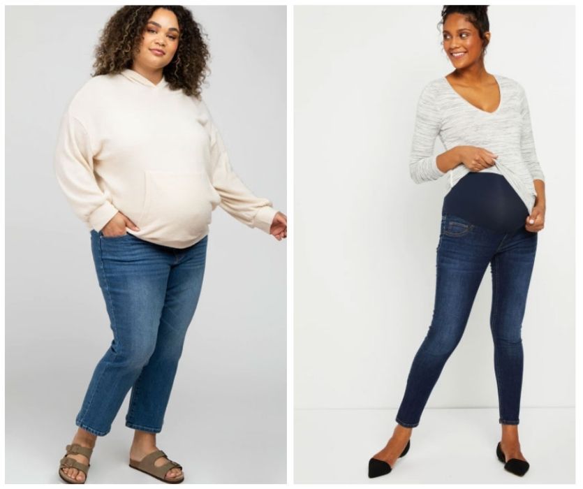 Two pregnant women modeling blue denim maternity jeans with a cream hoodie and a grey v-neck top.