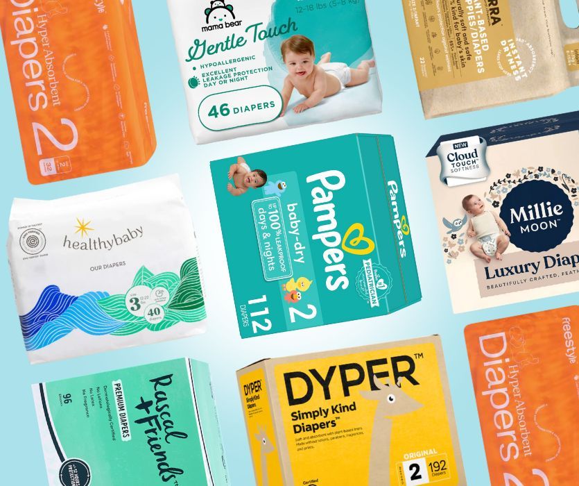 A variety of colorful disposable diaper packages, including brands like Pampers, DYPER, and Millie Moon.