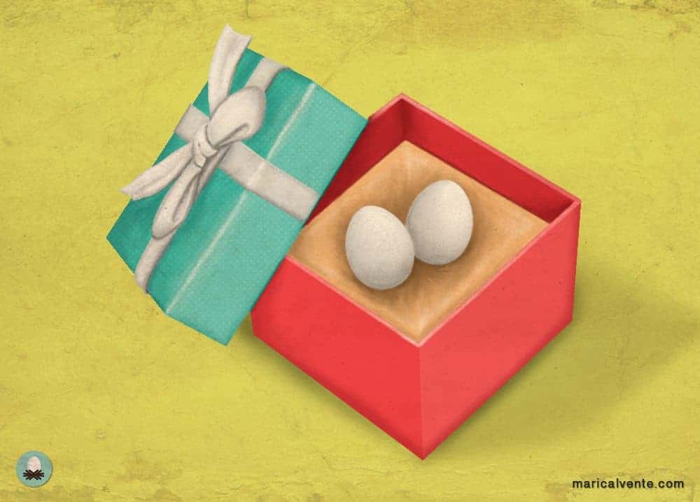 Two small white eggs nestled inside an open red jewelry gift box with a teal lid and white ribbon.