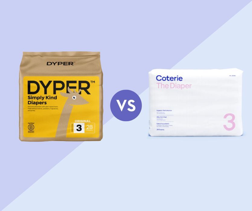 Side-by-side comparison of Dyper plant-based diapers in tan packaging and Coterie diapers in white packaging.