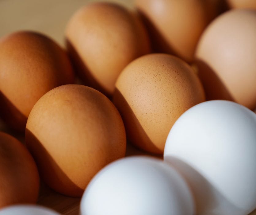 Close-up of several brown and white chicken eggs grouped together.