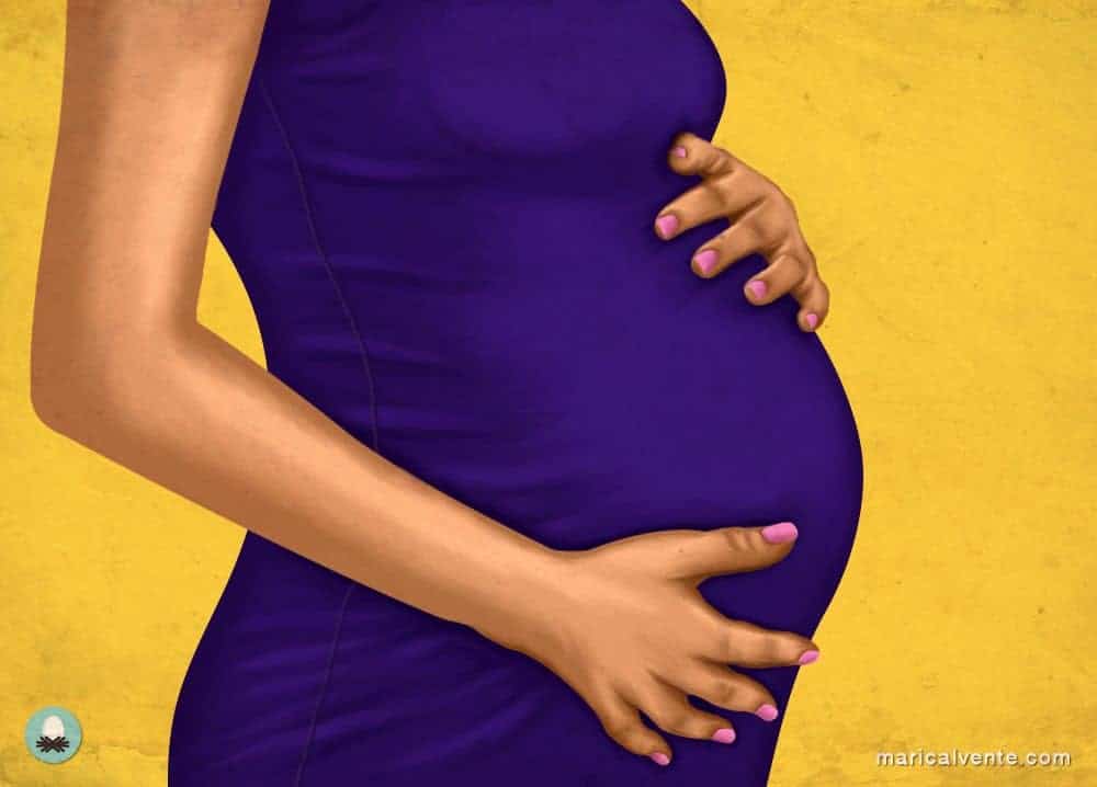 Illustration of a pregnant woman in a purple dress, with several extra hands clutching and pulling at her stomach.