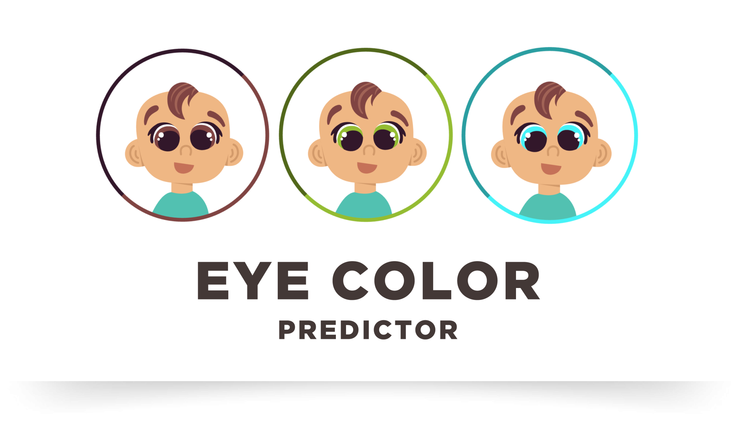 Three cartoon baby faces with brown, green, and blue eyes below the text Eye Color Predictor.