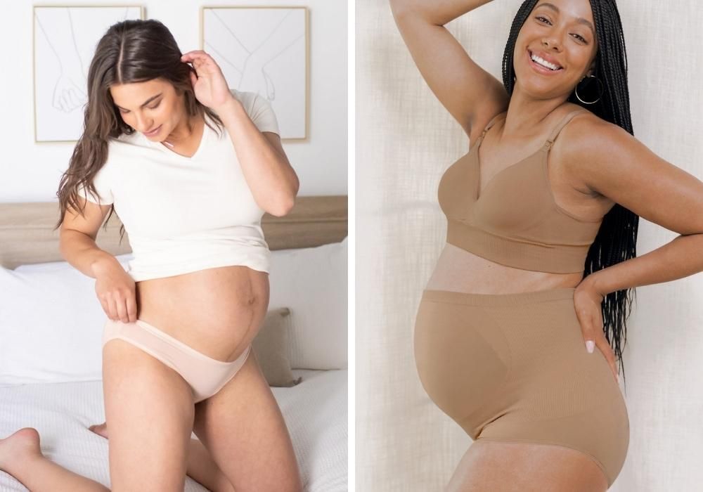 Two pregnant women showing maternity underwear including a low-rise bikini brief and a high-waisted support short.