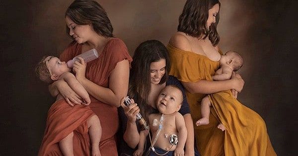 Three women holding their infants, one bottle-feeding, one syringe-feeding through a tube, and one breastfeeding.