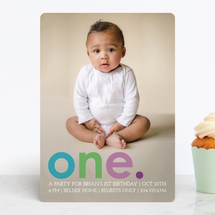 A baby in white sits above the word one on a first birthday party invitation for Brian on October 10th.