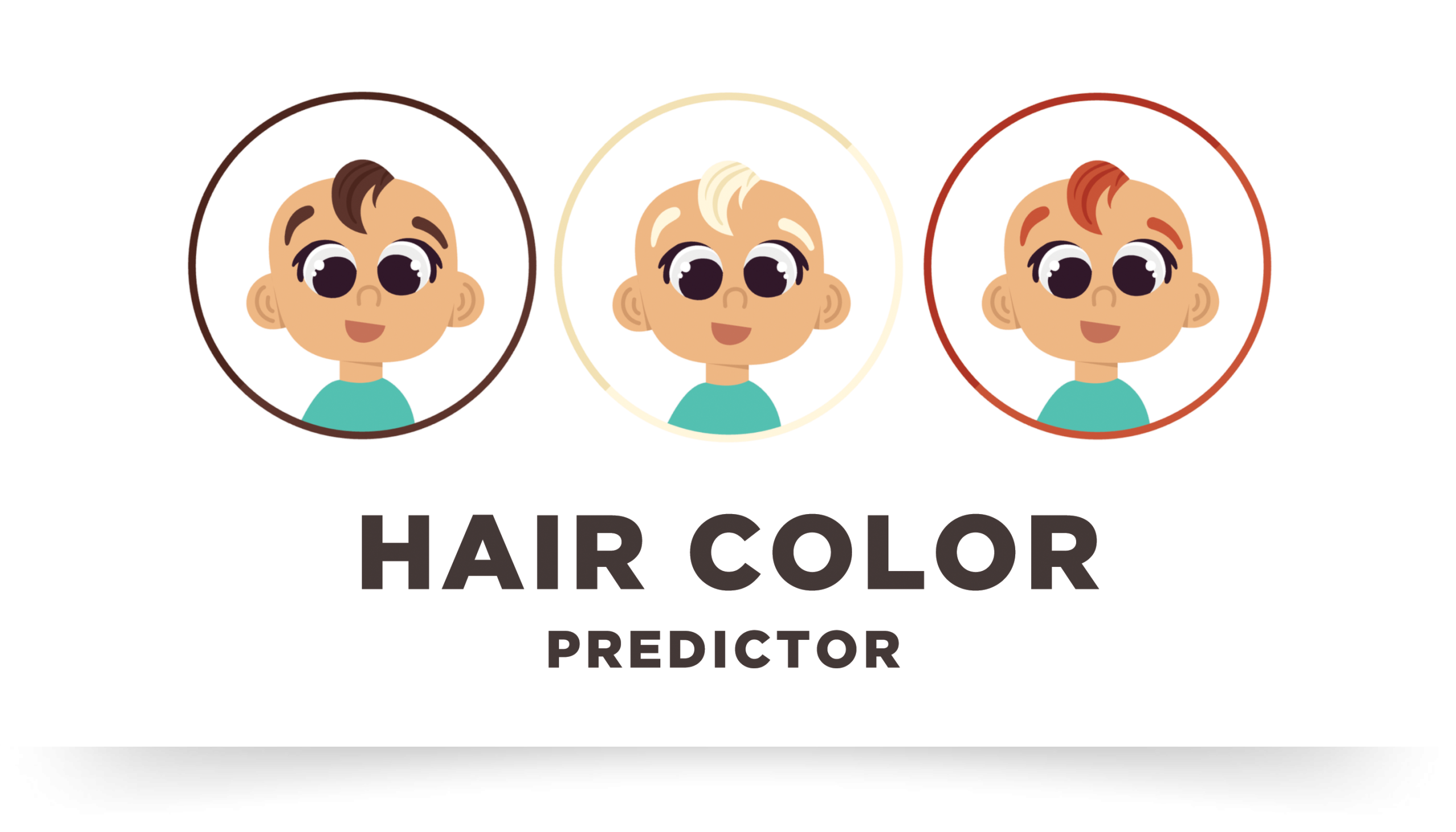 Three cartoon babies with brown, blonde, and red hair. Below reads Hair Color Predictor.