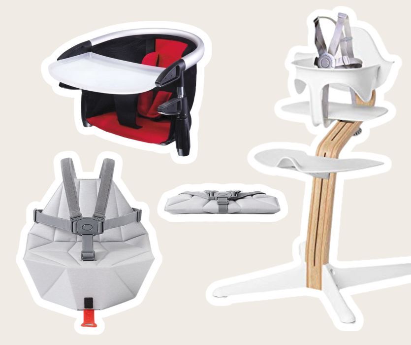 Four high chair alternatives including a hook-on chair, a wooden feeding chair, and a foldable fabric booster seat.