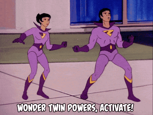 Animated Wonder Twins in purple costumes pose with the text Wonder Twin Powers, Activate!