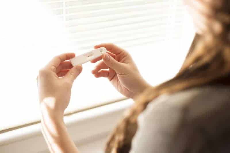 A person holds a white pregnancy test in front of a window with blinds.