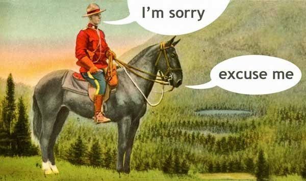 A Royal Canadian Mounted Police officer on a horse with speech bubbles saying I’m sorry and excuse me.