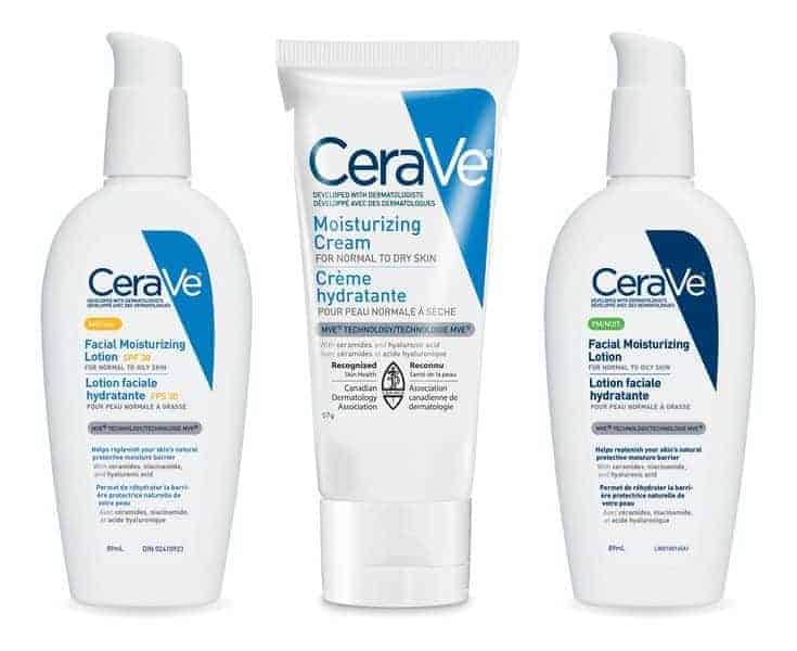 Three white CeraVe products: AM Facial Moisturizing Lotion, Moisturizing Cream tube, and PM Facial Moisturizing Lotion.