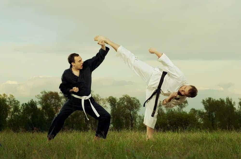 Two men practicing martial arts outdoors; one in a white gi performs a high kick while the other in a black gi blocks it.