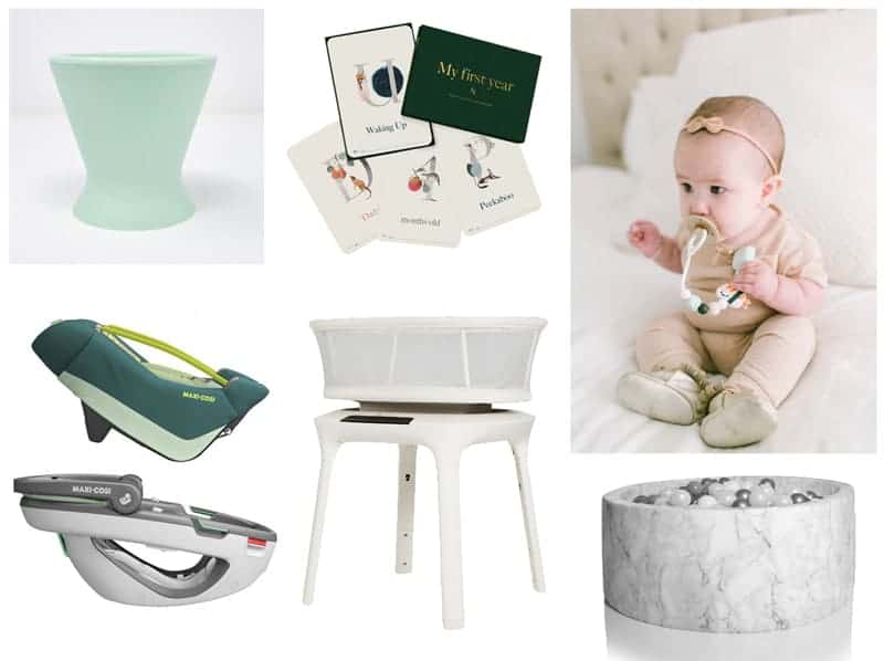 Collage of baby items including a bassinet, car seats, milestone cards, a ball pit, and a baby sitting on a bed.