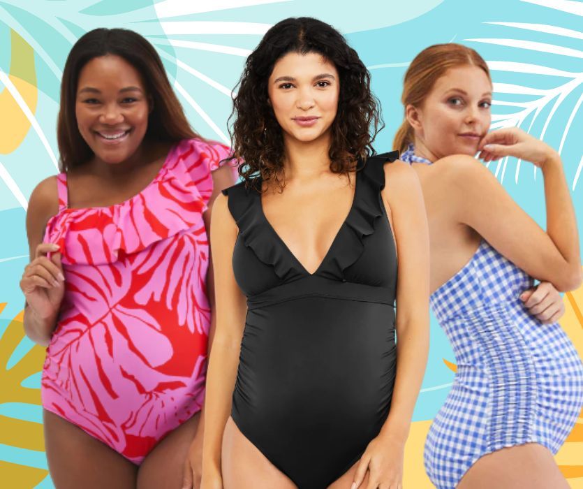 Three women modeling different maternity swimsuits: pink leaf print, solid black with ruffles, and blue gingham.