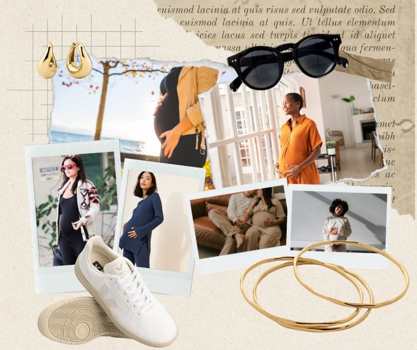 Collage of pregnant women in various outfits, sunglasses, white sneakers, gold jewelry, and scrapbooking elements.