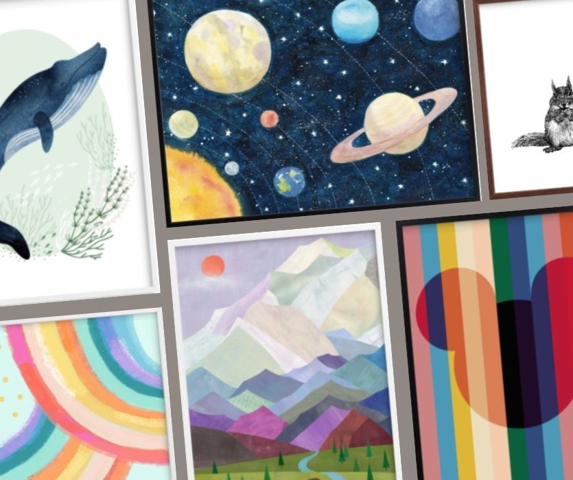 Collage of framed art prints including a blue whale, solar system, mountain landscape, and colorful abstract patterns.