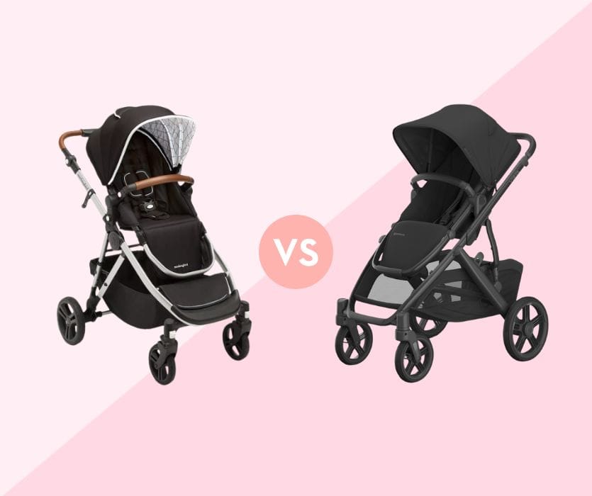 Side-by-side comparison of a Mockingbird stroller and a UPPAbaby Vista V3 stroller with a VS graphic on a pink background.