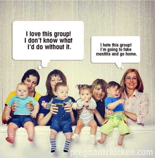 Mothers and babies with thought bubbles showing conflicting feelings about their group meeting.