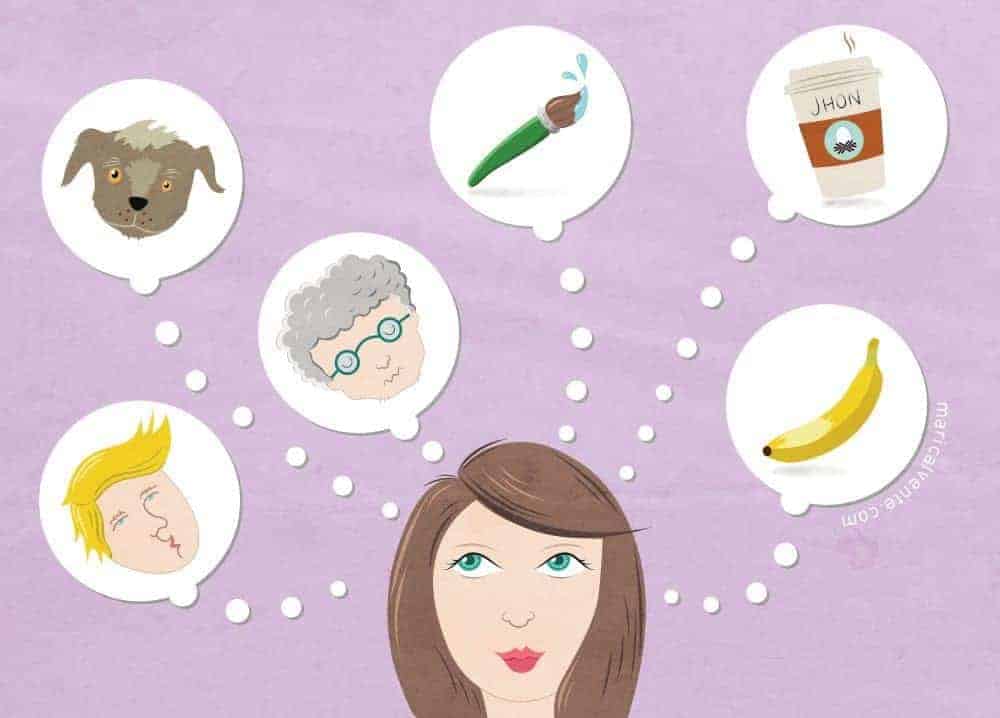 Illustration of a woman with thought bubbles containing a dog, paintbrush, coffee, person, banana, and man.