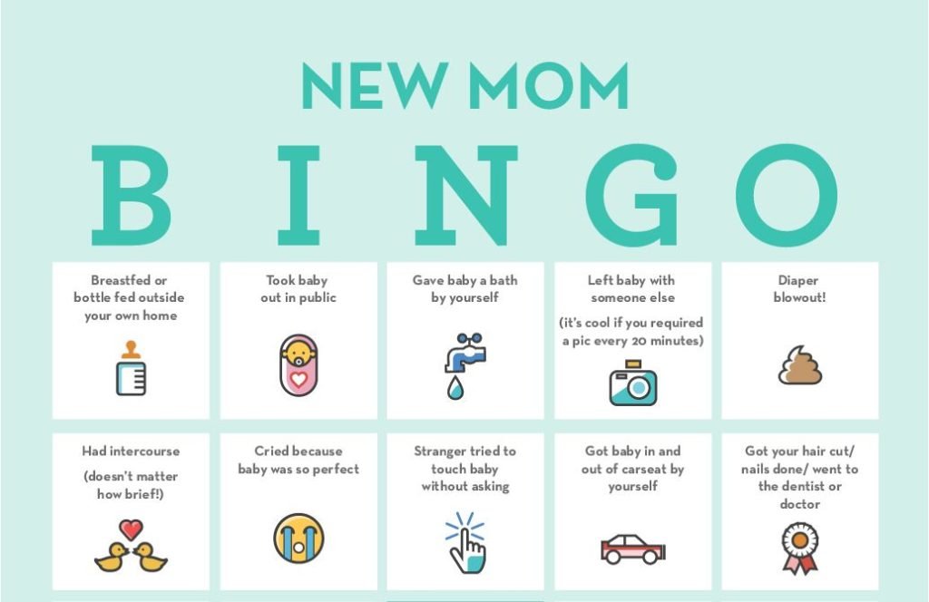 New Mom Bingo card with tasks like feeding in public, diaper blowout, and leaving baby with someone else.