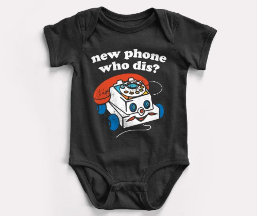 Black baby bodysuit with a vintage toy rotary phone and the text, new phone who dis?