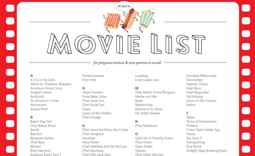 Alphabetical list of movies for pregnant women and new parents to avoid, framed by film strip margins and theater snacks.