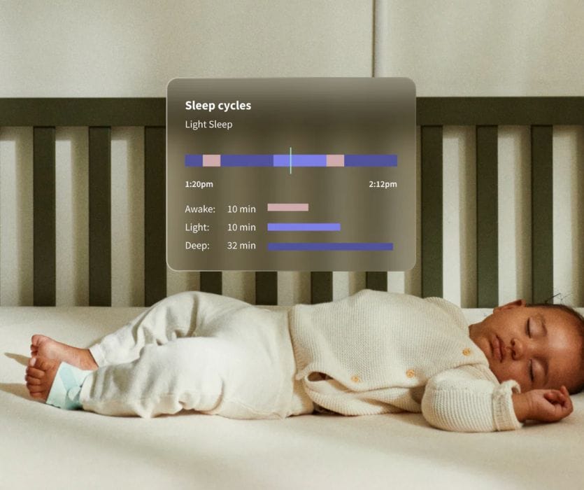 A baby sleeping in a crib wearing an Owlet Dream Sock, with a digital overlay showing light and deep sleep cycle data.