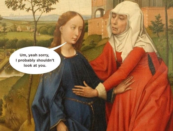 Classical painting meme of a pregnant woman looking away, with a speech bubble about not looking at the person next to her.