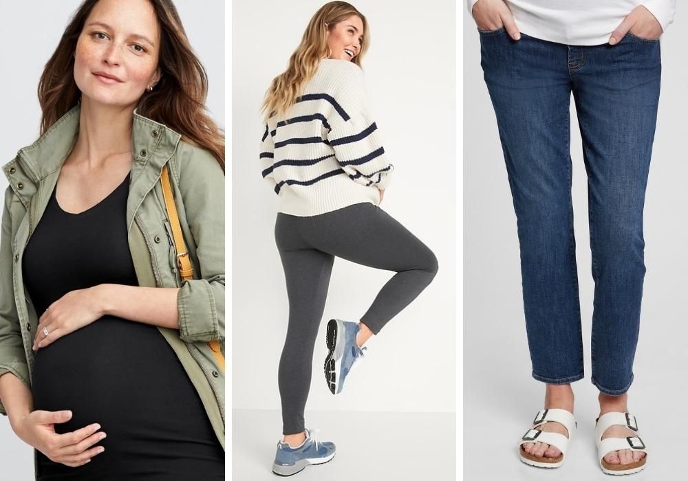 Three women showcasing petite maternity fashion: a green utility jacket, grey leggings with a sweater, and blue jeans.