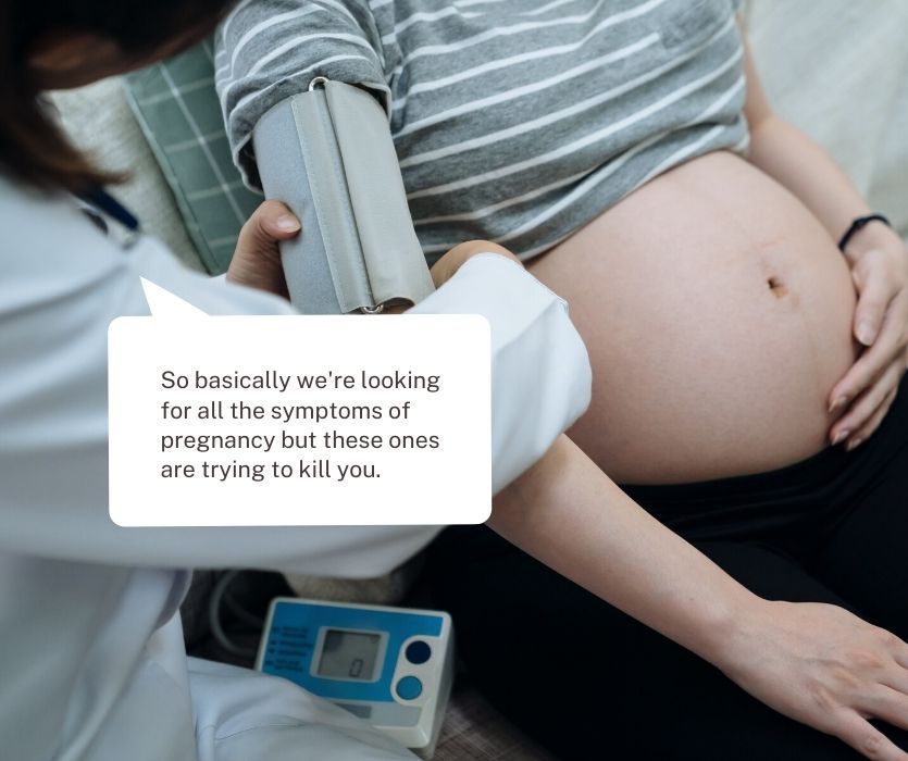 Doctor checking blood pressure of a pregnant person; overlay text discusses severe pregnancy symptoms.