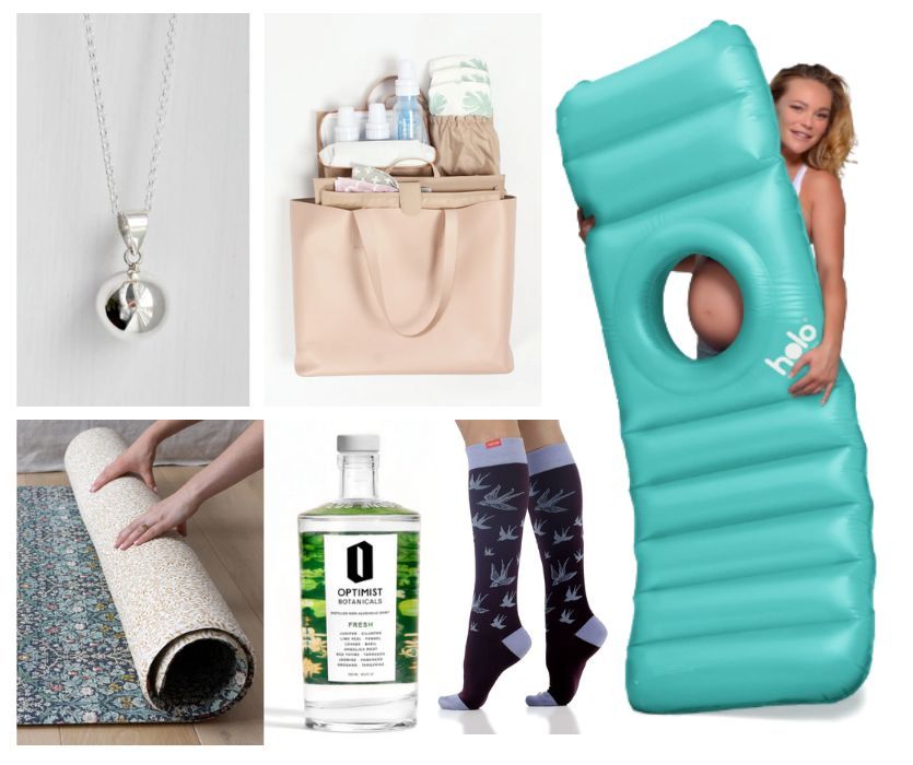 Collage of pregnancy gifts: necklace, diaper bag, inflatable pool float, yoga mat, non-alcoholic gin, and bird socks.