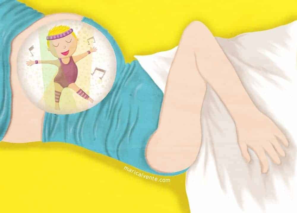 Illustration of a person lying in bed with a cartoon baby dancing inside their pregnant belly.
