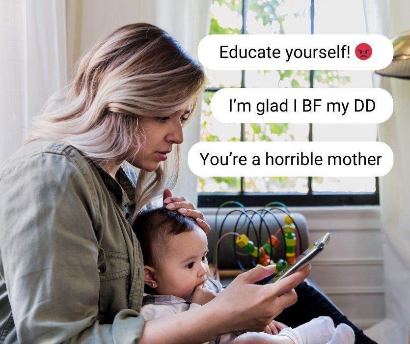 A woman holding a baby looks at her phone as critical social media comments like "horrible mother" float nearby.