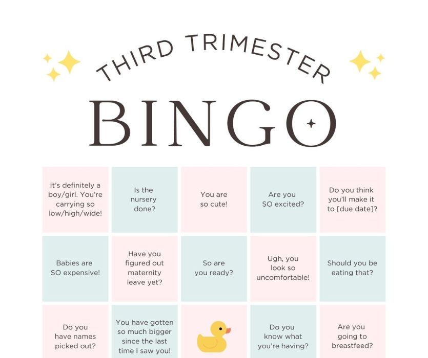 Third Trimester Bingo card with common comments and questions about pregnancy in pink and blue squares.